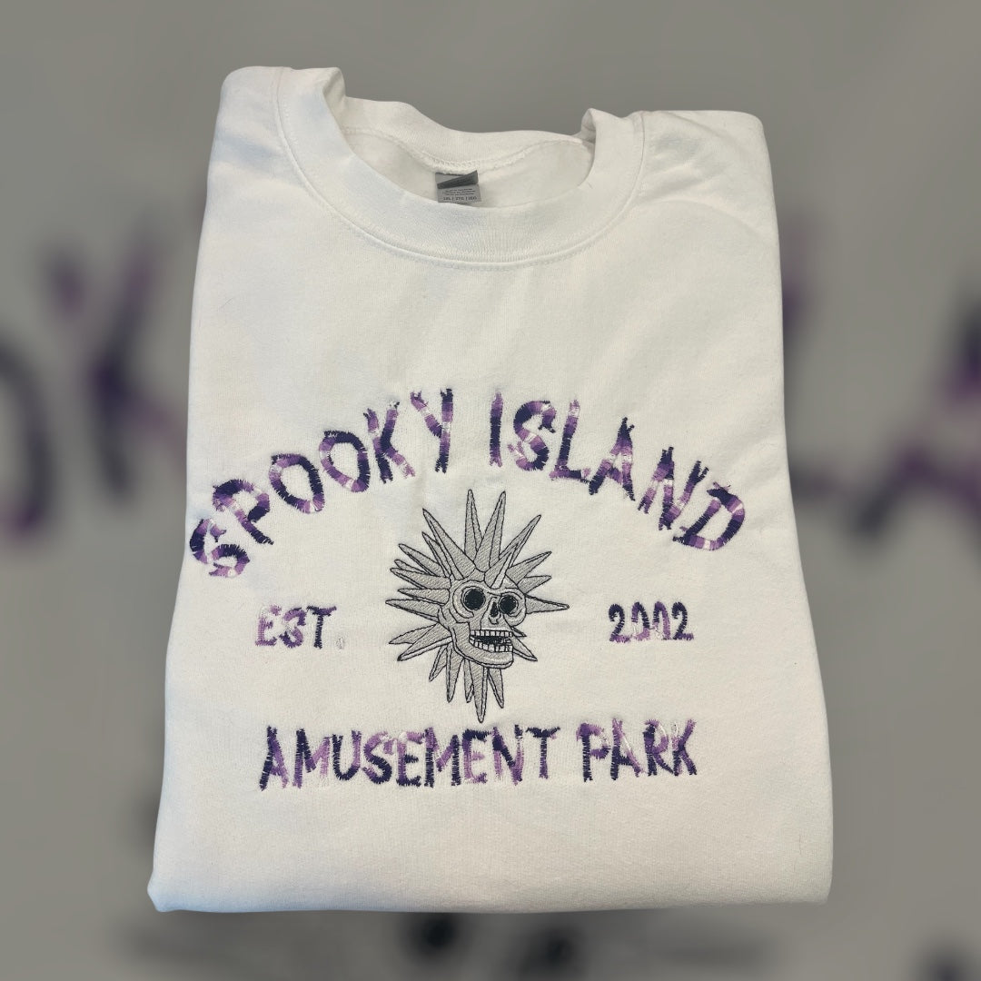 Spooky Island Embroidered (white Crewneck)